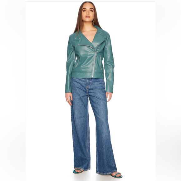 susan monaco teal green faux leather classic moto jacket coat size small NEW - Picture 6 of 8